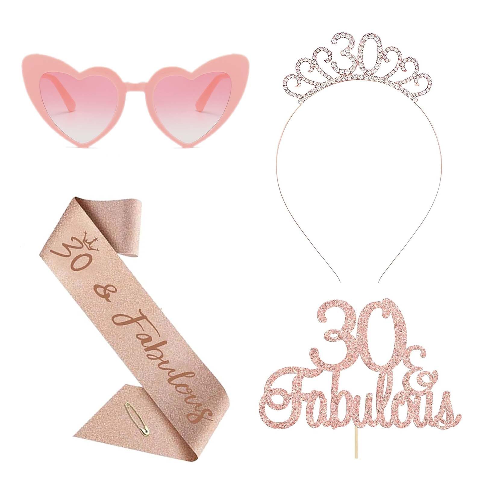 Jyeennar 4pcs 30th Birthday Sash Sets,Including Headband,Shoulder Strap,Glasses, and Card Insert, Accessories for Women Birthday Party Decorations
