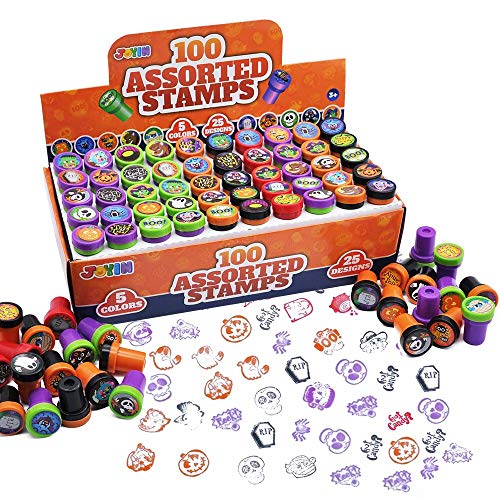 100 Pieces Halloween Assorted Stampers Kids Self-Ink Stamps (25 Designs, 4 Colors Trick or Treat Spooky Stamps) for Halloween Party Favors Supplies, Goodies Bags, Classroom Game Reward Prizes.