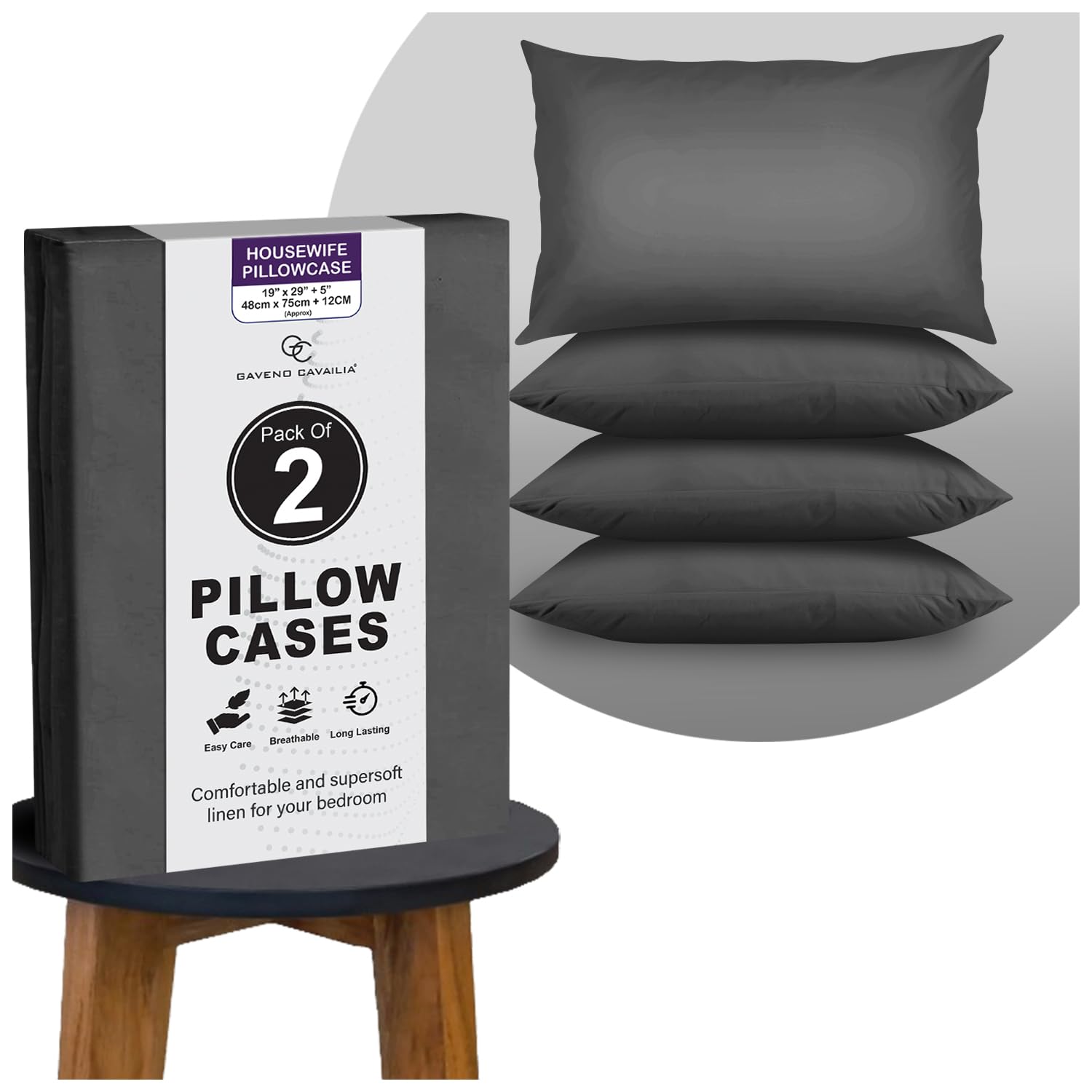 GC GAVENO CAVAILIA Housewife Pillow Cases 2 Pack, (74cm x 48cm) - Charcoal