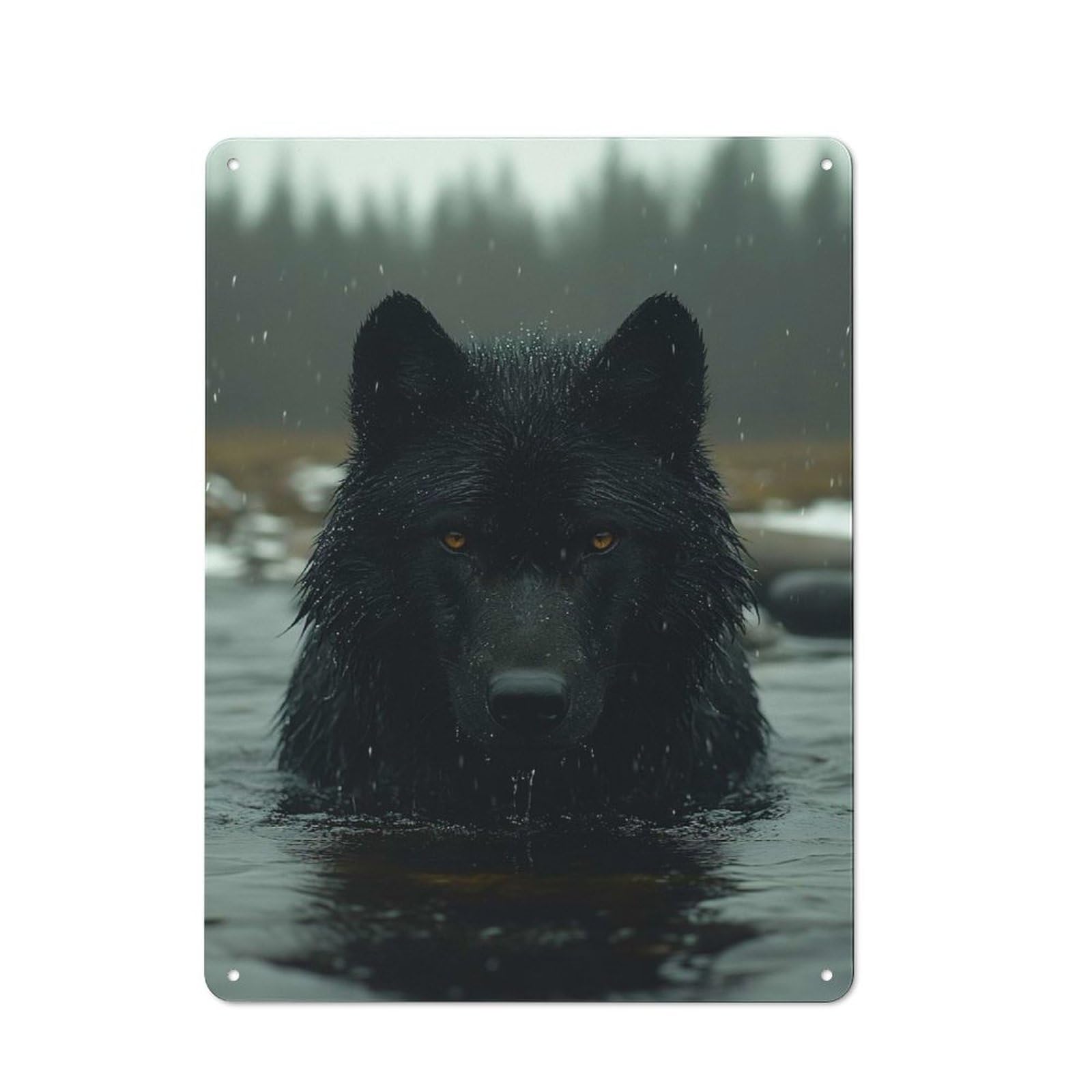 Rustic Black Wolf in Water Tin Wall Plaque 40x30cm, Rustic Kitchen Decor for Cottage, Kitchen, Hallway Or Breakfast Nook