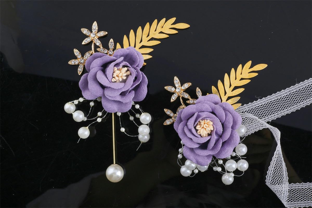 4 Corsetti Da Polso Con Fiori In Seta E Perle – Per Damigelle E Sposa – Vari Colori (Rosa, Viola, Blu) - 2