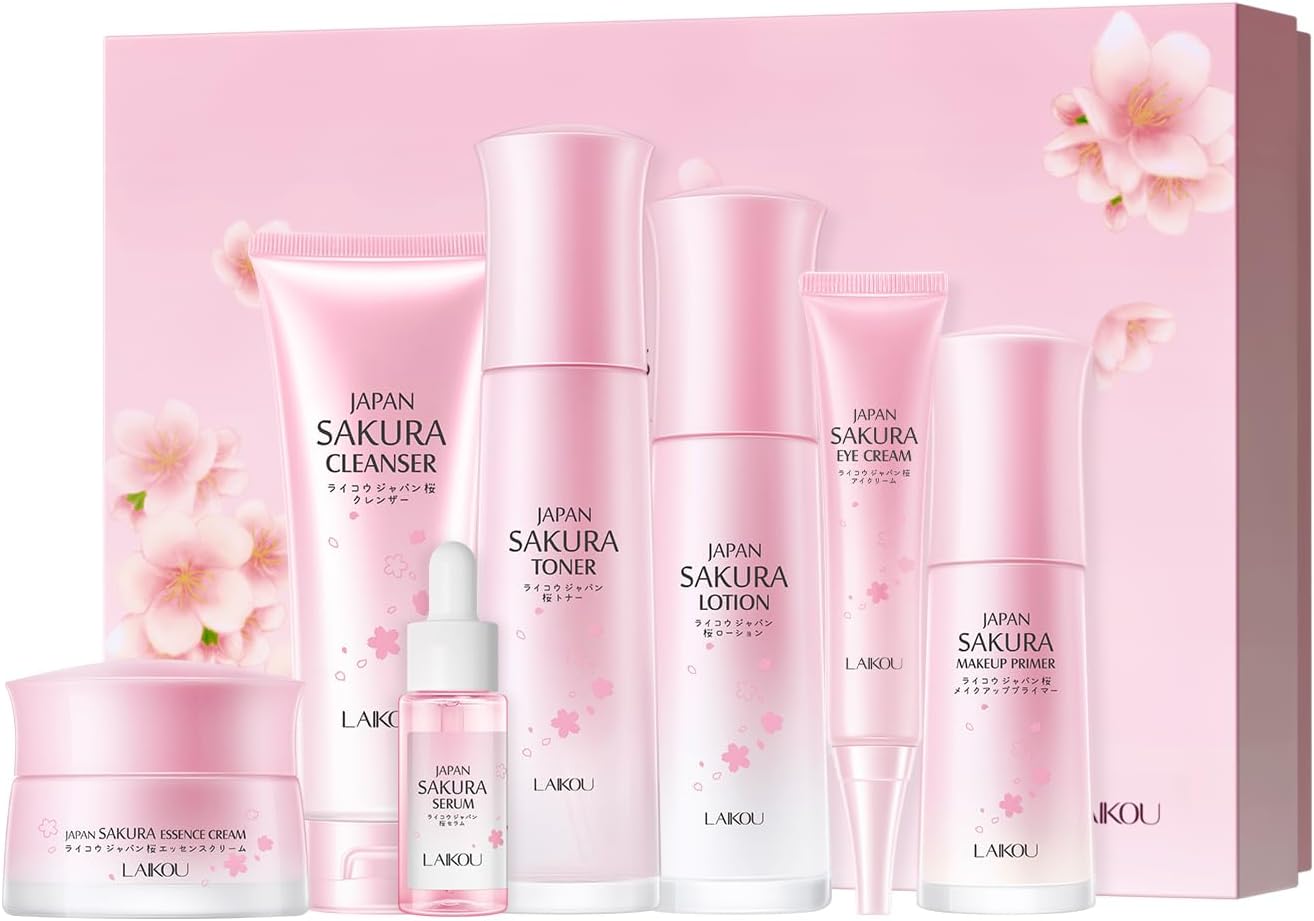 LAIKOU Sakura Skincare Set, Skincare Gift Set, with Cleanser, Toner, Lotion, Serum, Eye Cream, Face Cream, Makeup Primer, for Women Teenage Girls Mom Daughter Birthday Gift