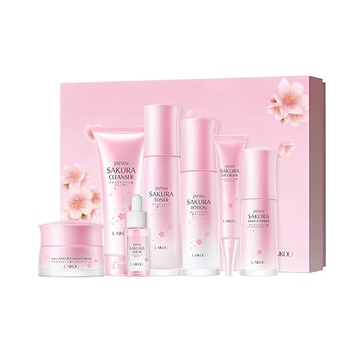 Skin Care Set JAPAN SAKURA Beauty Gift Sets Skin Care Kit with Cleanser, Toner, Lotion, Serum, Eye Cream, Face Cream, Make up Primer Travel Kit for Women Wife Mom 7pcs - 7pcs