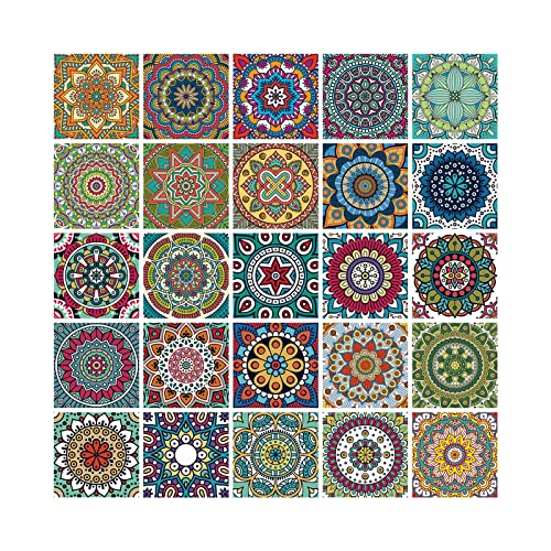 Kakofaci 25 Pcs Mandala Style Tile Sticker, 4X4 Inch(10X10Cm) Traditional Diy Murals, Tile Waterproof Oil Proof Removable Decals For Bathroom & Kitchen Backsplash Oil Proof Wall Stickers(Multicolor) #TOP5