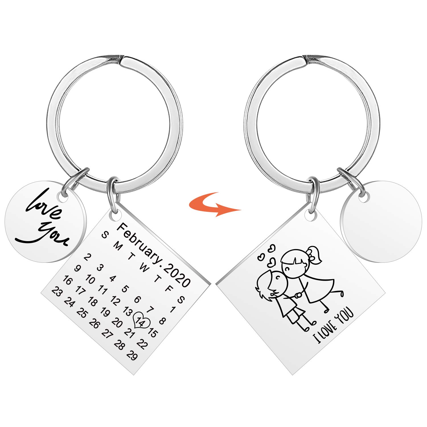 onlylove-handmade Personalized Custom Engraved Calendar Date Engraved Message Stainless Steel Keyring & Keychain Memorial Keepsake Anniversary Wedding Gift (pattern on back)