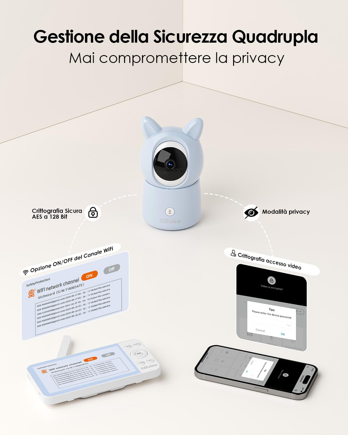 CZEview 5,5" 2.5K Baby Monitor Video e Audio, Luce Notturna & Musica, Telecamera Bambini, Controllo Tramite APP Mobile & Monitor, Rilevamento di Grida/Movimento (Blu con 2 telecamere)