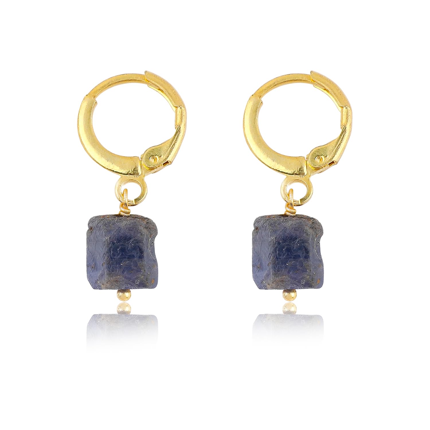 Raw Blue Sapphire Gemstone Hoop Earrings – Natural Crystal Stone Dangle Earrings for Women – Hypoallergenic Gold Plated Small Hoops – Handmade Lightweight Statement Jewelry (Blue Sapphire)