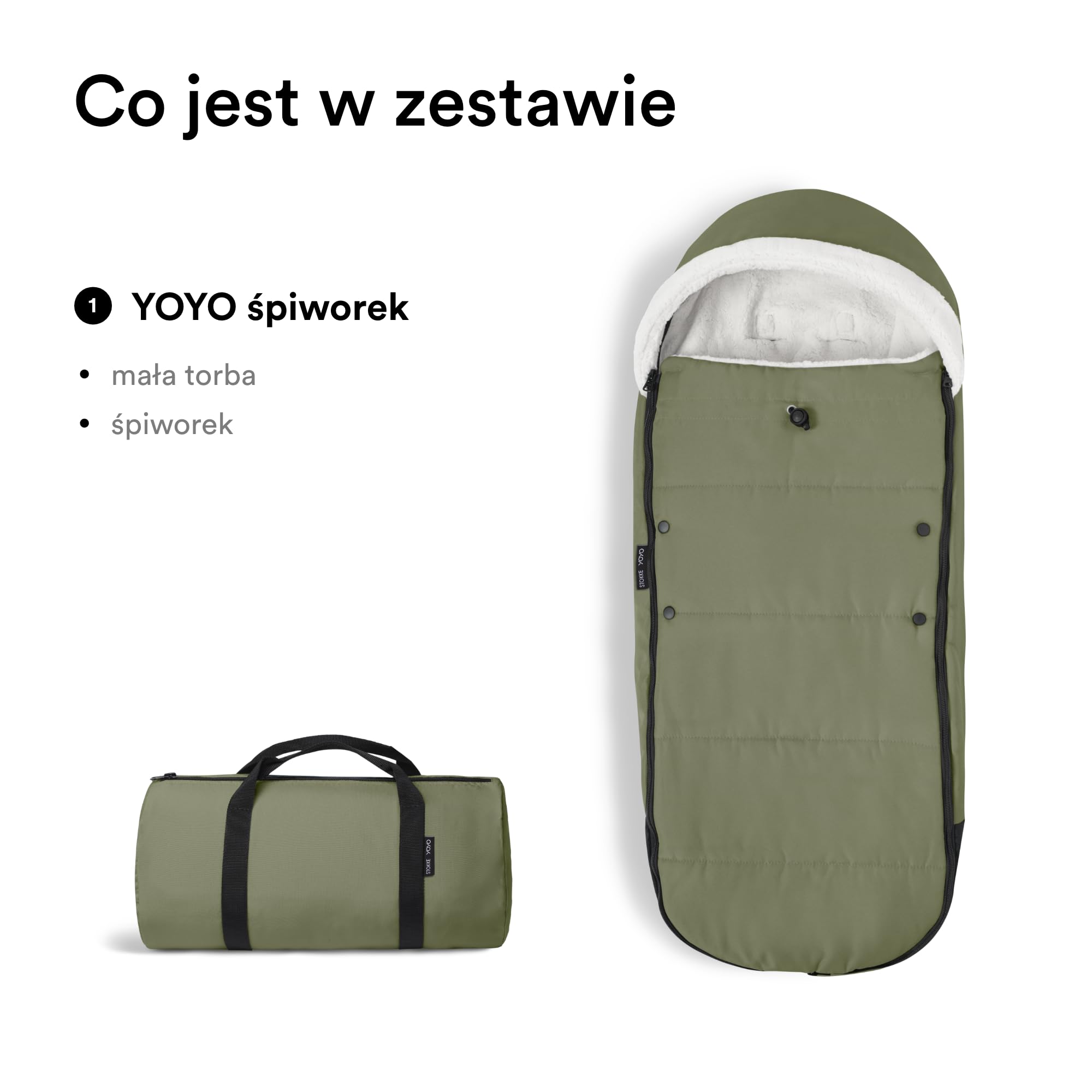 Śpiworek do wózka Stokke YOYO, Olive - podszewka Sherpa, kaptur z polarem ze sznurkiem, podwójna wyściółka - można prać w 30°C - w zestawie mała torba