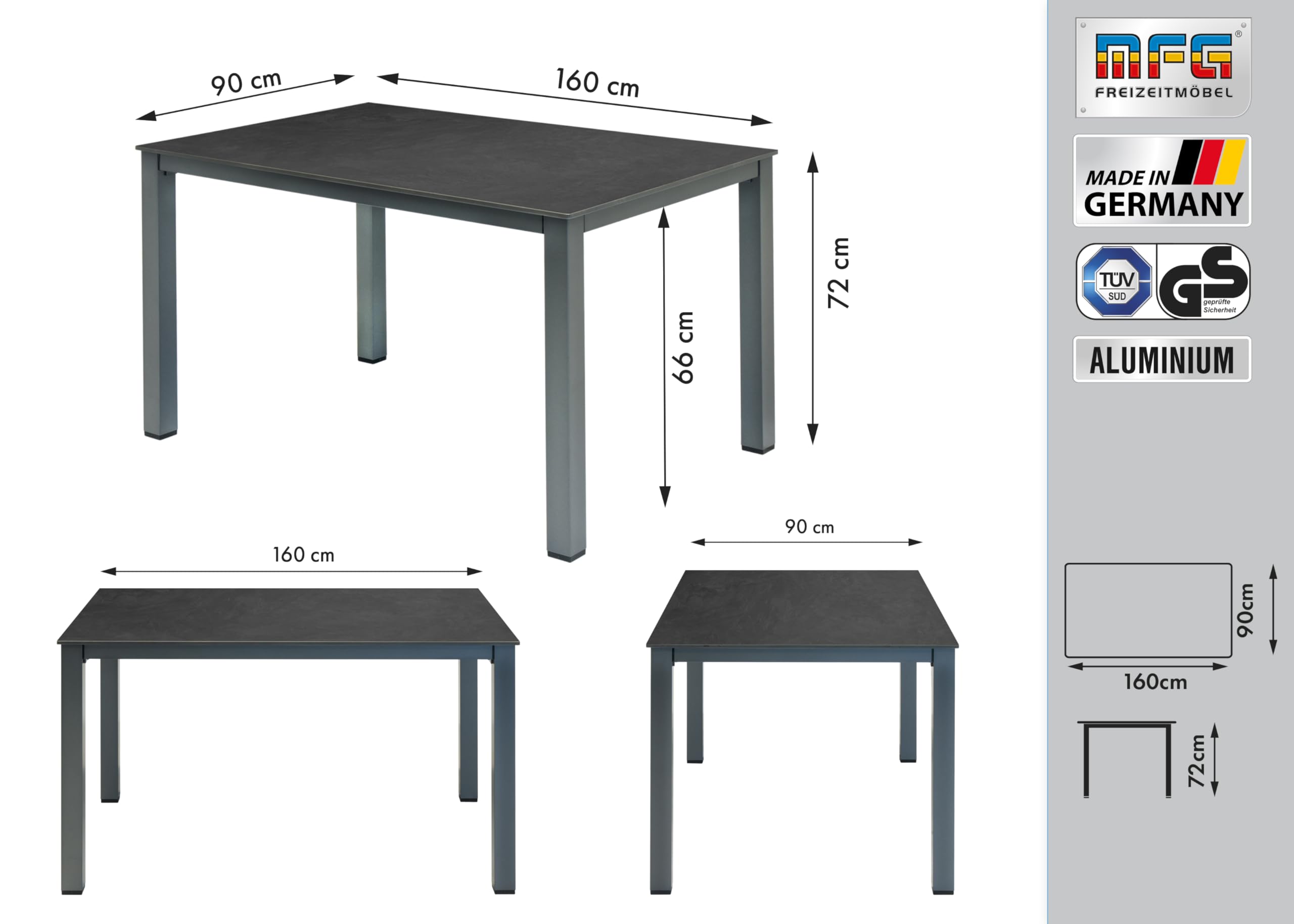 MFG Lofttisch 160x90 cm, Gestell: anthrazit, Plattendekor: Schiefer