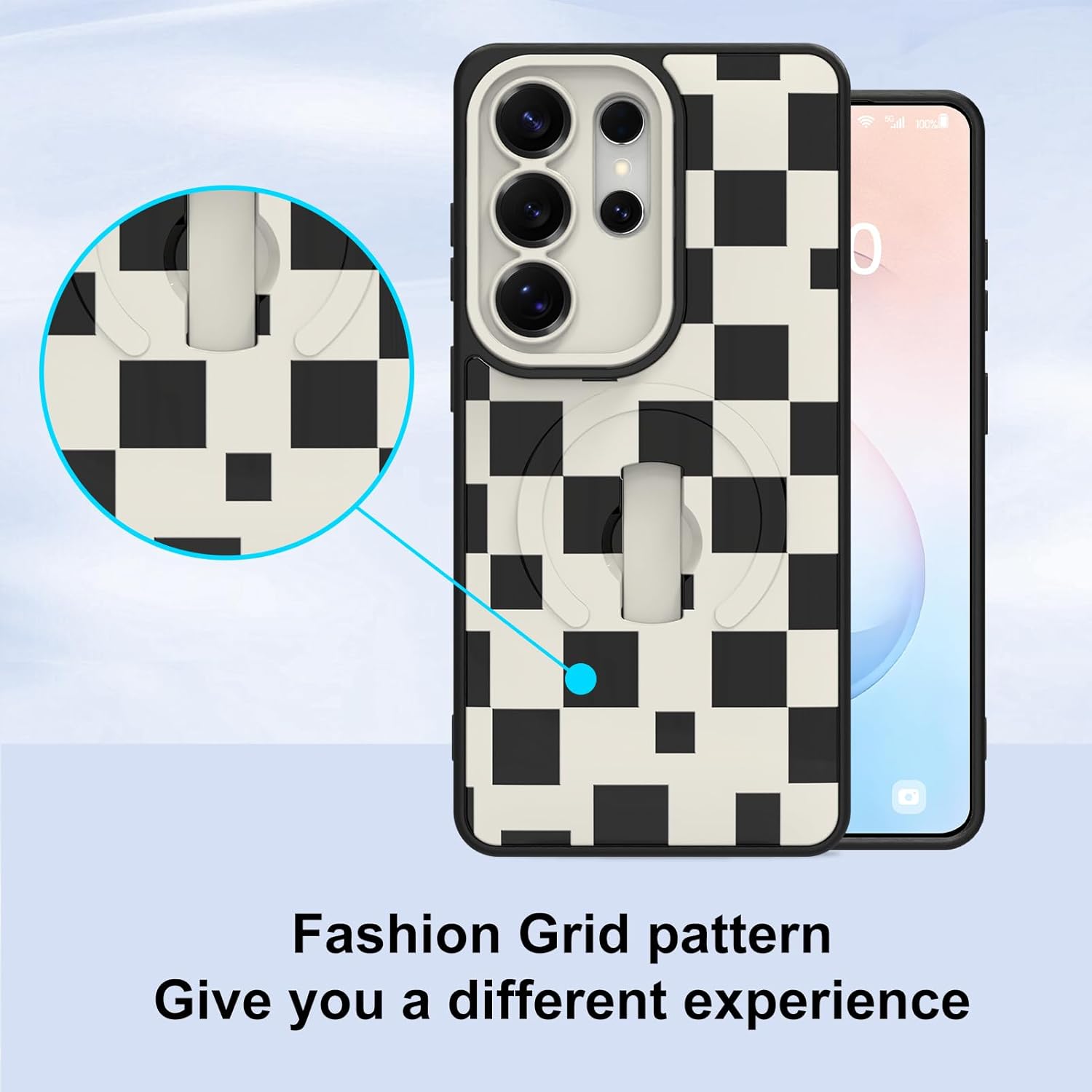 for Samsung Galaxy S26 Ultra Case, Finger Strap Kickstand[Compatible with MagSafe] Cute Checkered Checkerboard Pattern for Women Men, Full Camera Protection Aesthetic Shockproof TPU,White
