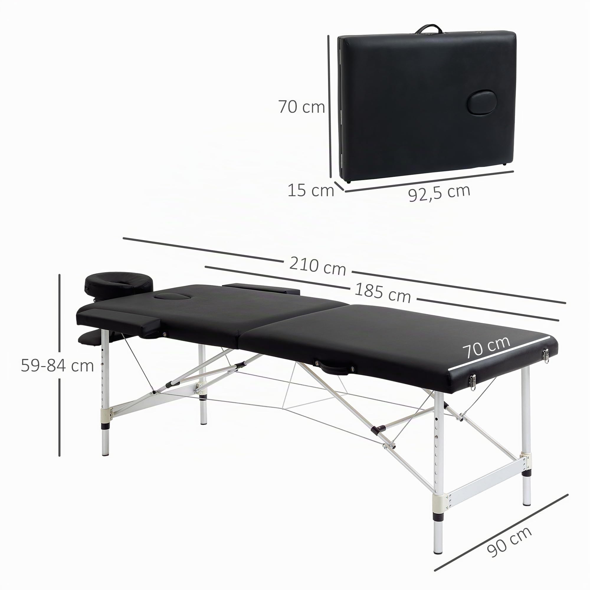 HOMCOM Massageliege 2 Zonen Massagebank Massagetisch 90cm Breit Schwarz | Mit Kunstleder, Kopfstütze, Armlehnen, Tasche, Höhenverstellbar, Bis 225 kg Belastbar