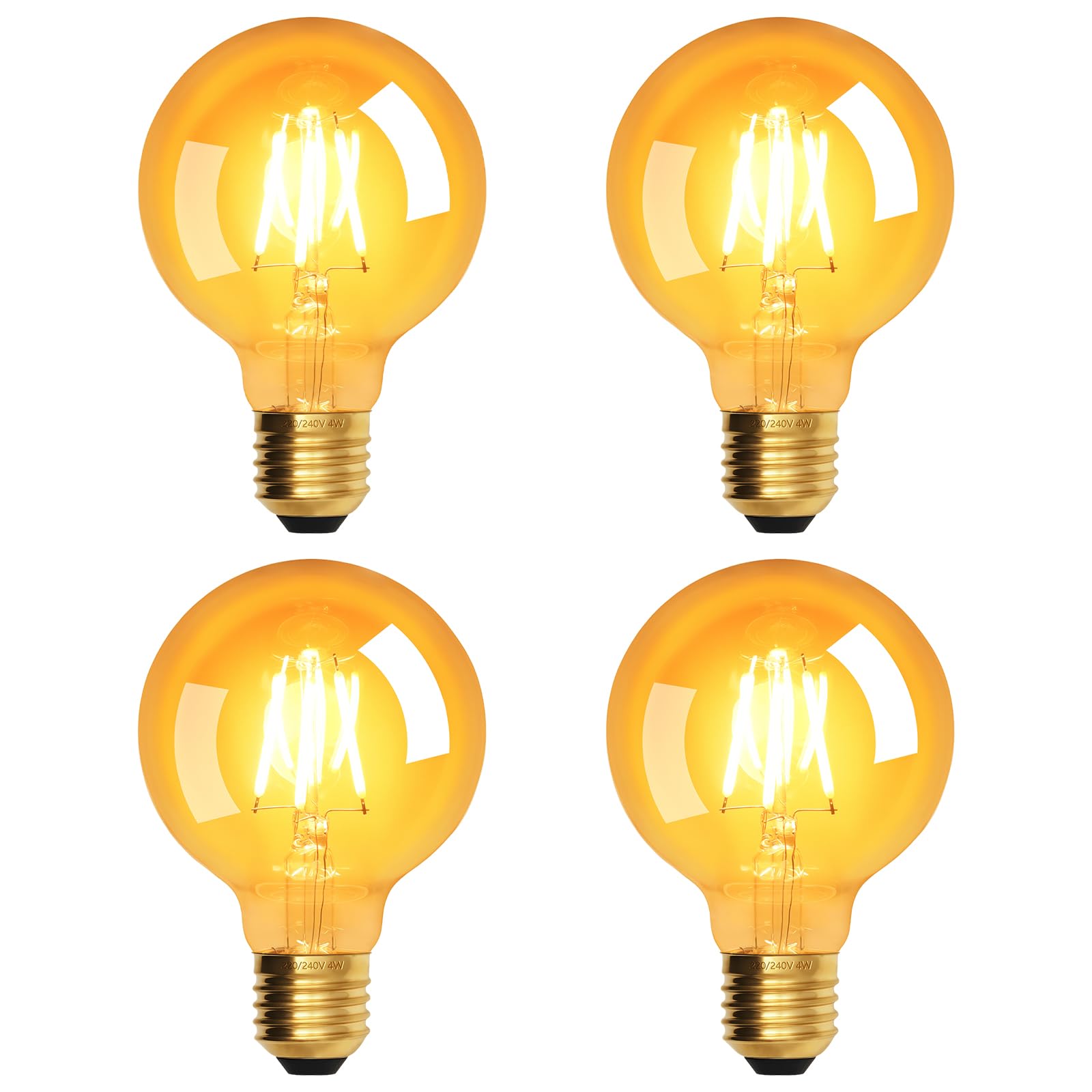 Terafeels 4 Pack Screw in Light Bulbs, G80, 4W, 220-240V, 2700K Warm White Glow, Amber Glass, E27 Vintage LED Bulb — image 1