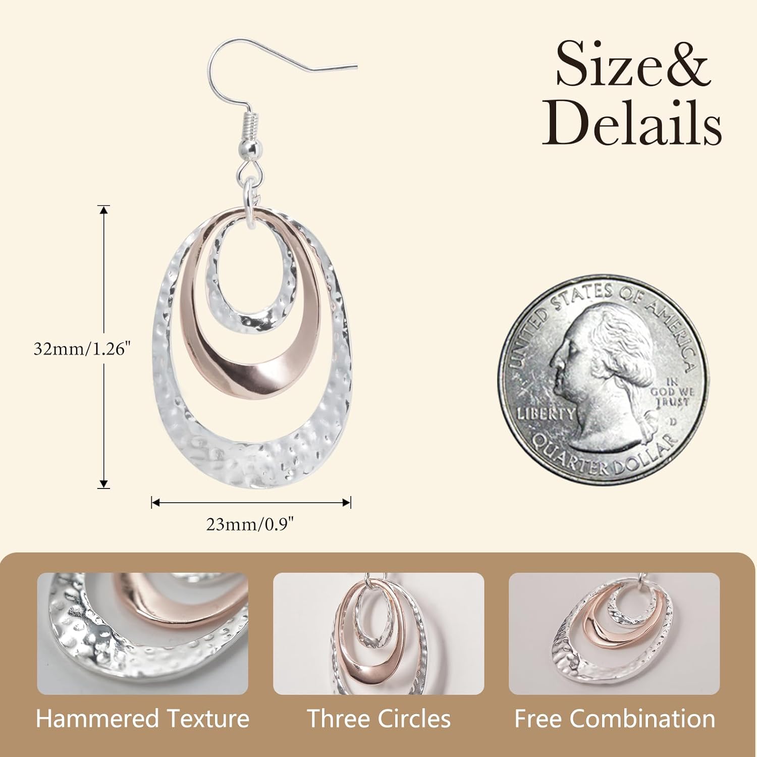 Triple Silver and Rose Gold Dangle Earrings for Women - Hammered Oval Circle Drop Earrings, Large Hypoallergenic Trendy Jewelry - Image 3