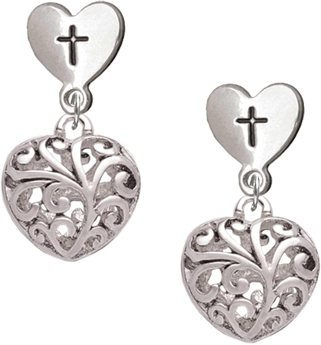 Delight Jewelry Silvertone Medium Open Filigree Heart Cross in Heart Post Dangle Earrings