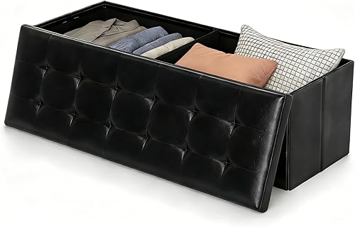 Miniatura 9 de Safeplus Banco otomano plegable de almacenamiento, banco otomano grande de 45 pulgadas que ahorra espacio, baúl de almacenamiento de piel sintética