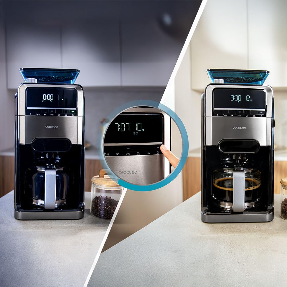 Cecotec Macchine da Caffè a Filtro Coffee 66 Grind & Brew. 1400W, 1.5L, 12 Tazze, 230g Serbatoio Chicchi, Macinacaffè Conico, 7 Livelli, Programmabile fino a 24h, Intensità Regolabile, Acciaio Inox