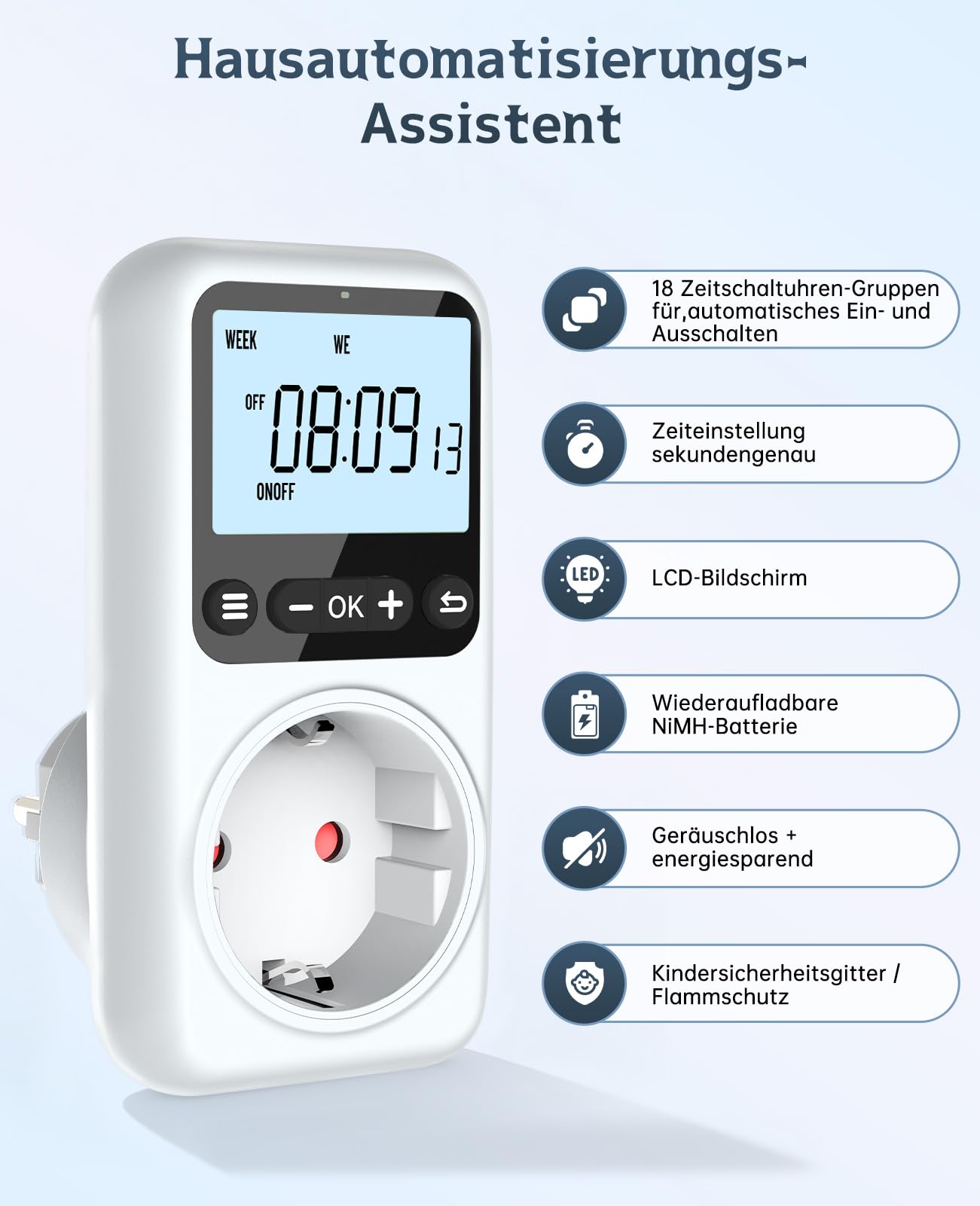 Zeitschaltuhr Steckdose Digital, 18 Programmierbare Sekundengenau Countdown Timer Steckdose mit Hintergrundbeleuchtung, für Innen Einbruchschutz Aquarium 16A 3680W (2)