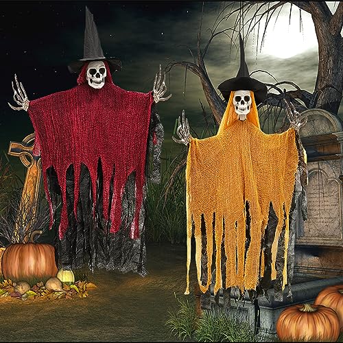 2 Pack Hanging Halloween Skeleton Ghosts Decorations, Scary Grim Reapers with Hat, Halloween Decor Outdoor for Haunted House Props, Window, Tree, Garden, Yard Decorations