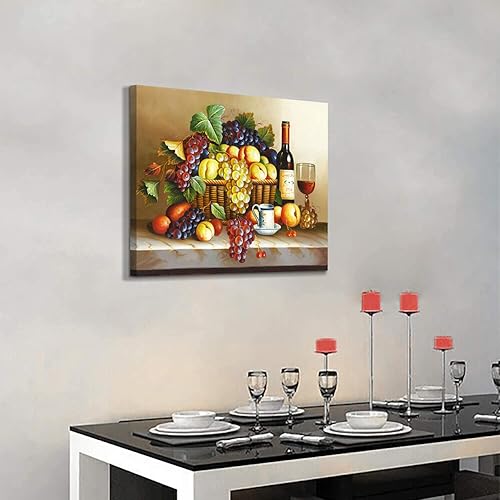 Miniatura 3 de Imágenes vintage de vino pintura al óleo sobre lienzo de vino tinto y frutas para comedor 24 pulgadas de ancho x 18 pulgadas de alto multicolor