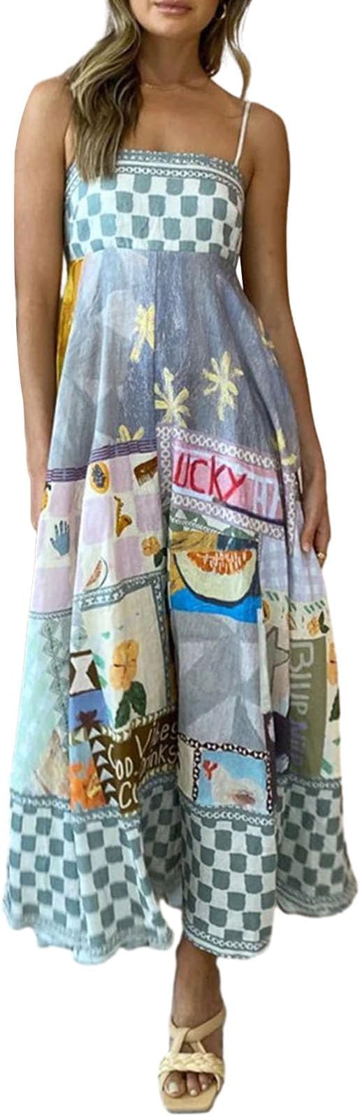 YiulangdeWomens Floral Maxi Bodycon Dress 2024 Boho Flowy Going Out Slip Dress Y2k Graffiti Spaghetti Strap Picnic Sun Dress