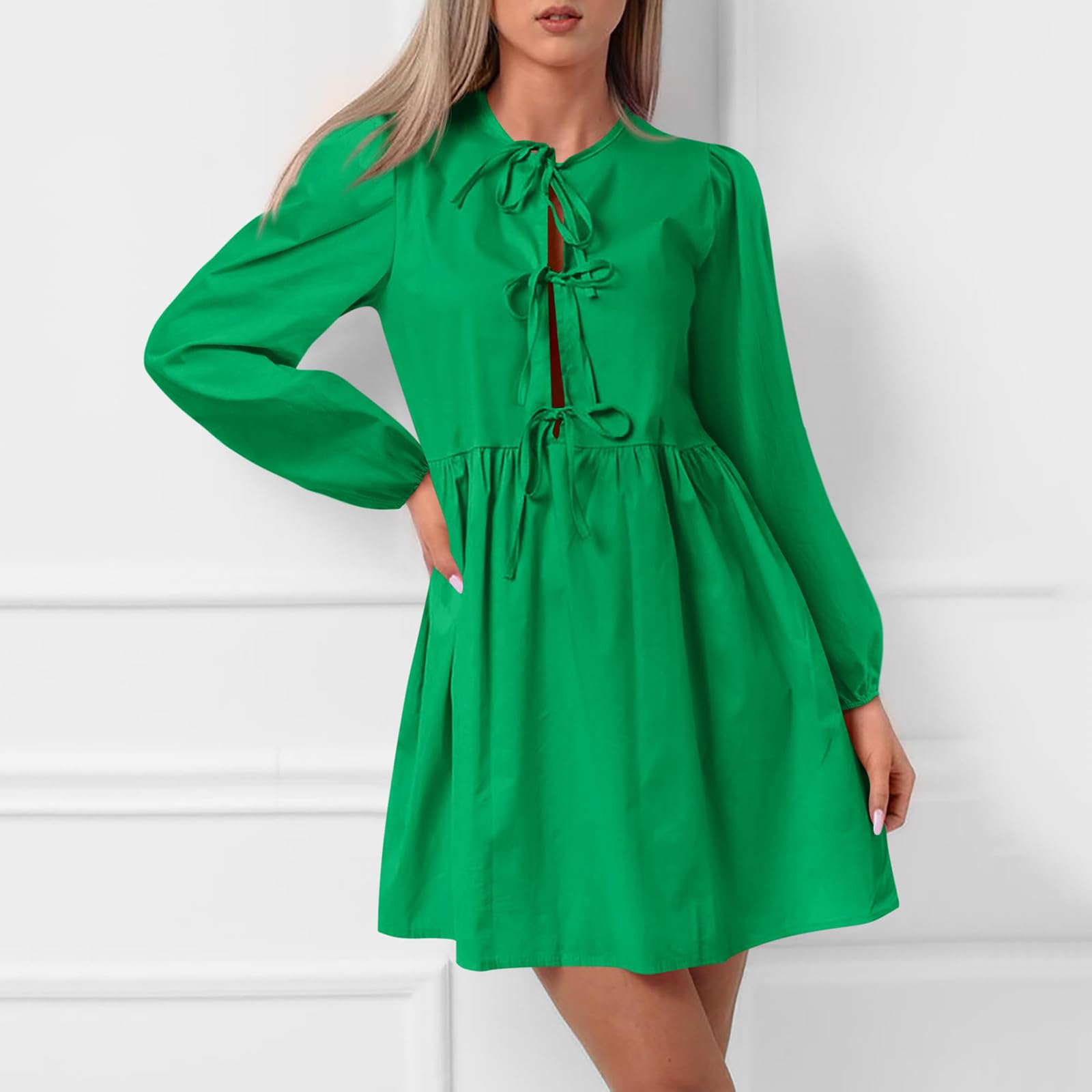 Robe Mini péplum à Manches Longues Bouffantes et nœud Papillon sur Le Devant pour Femme, Robes d'automne,Robe Courte à Volants en Ligne A, Robe Tunique Fluide Mignonne (Green,L)