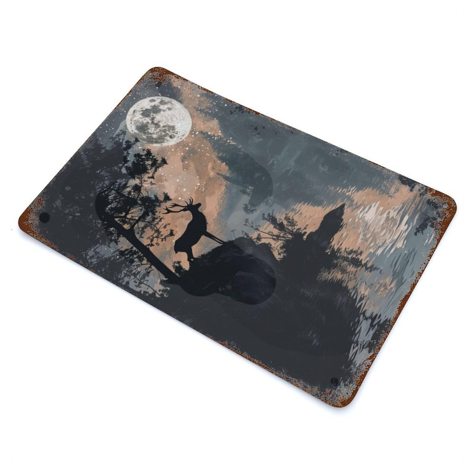 Rust Effect Deer Silhouette by Moonlit Weathered Tin Sign 11.8"x7.9", Novelty Wall Decor for Office, Studio And Wall Decor