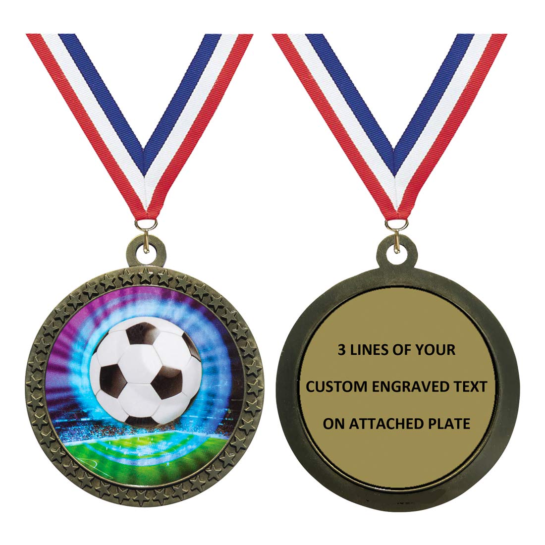 Express Medals Large 2.5 Inch Gold Color Soccer Medal Trophy Award Engraved Personalized Text and Neck Ribbon 446 (Pack of 10)