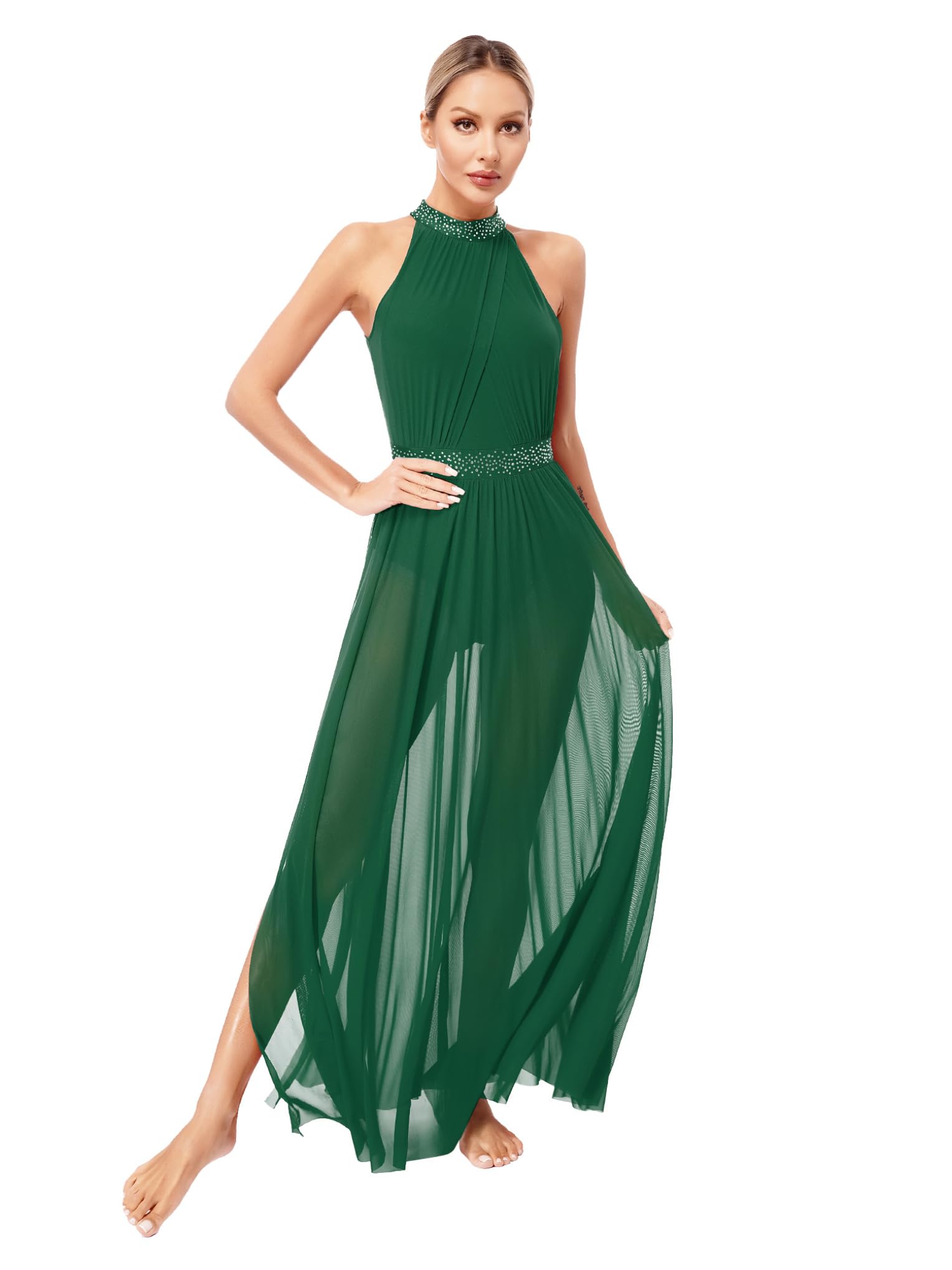 Lyrisches Tanzkleid Damen Glitzer Lyrischen Tanzkleid Ärmellose Ballettkleid Lang Geschlitztes Tankleidung Cha Cha Rumba Samba Tanzkostüm