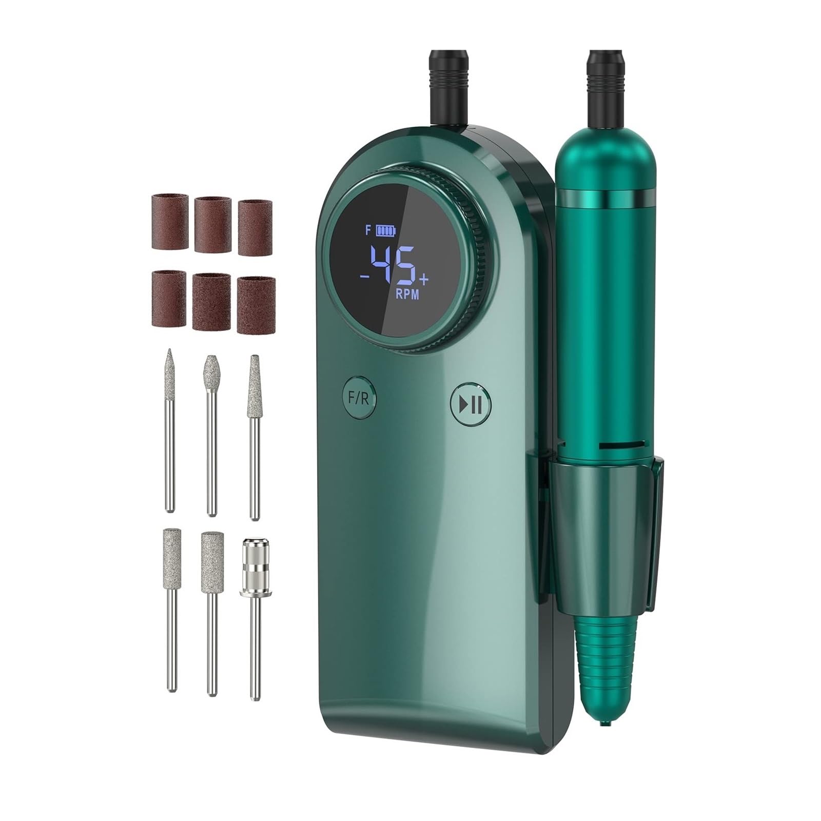 Fresa per Unghie, Macchina for manicure con trapano for unghie ricaricabile da 45000 giri/min, trapano for unghie professionale con display LCD, trapano portatile a batteria for nail art(Green Set)