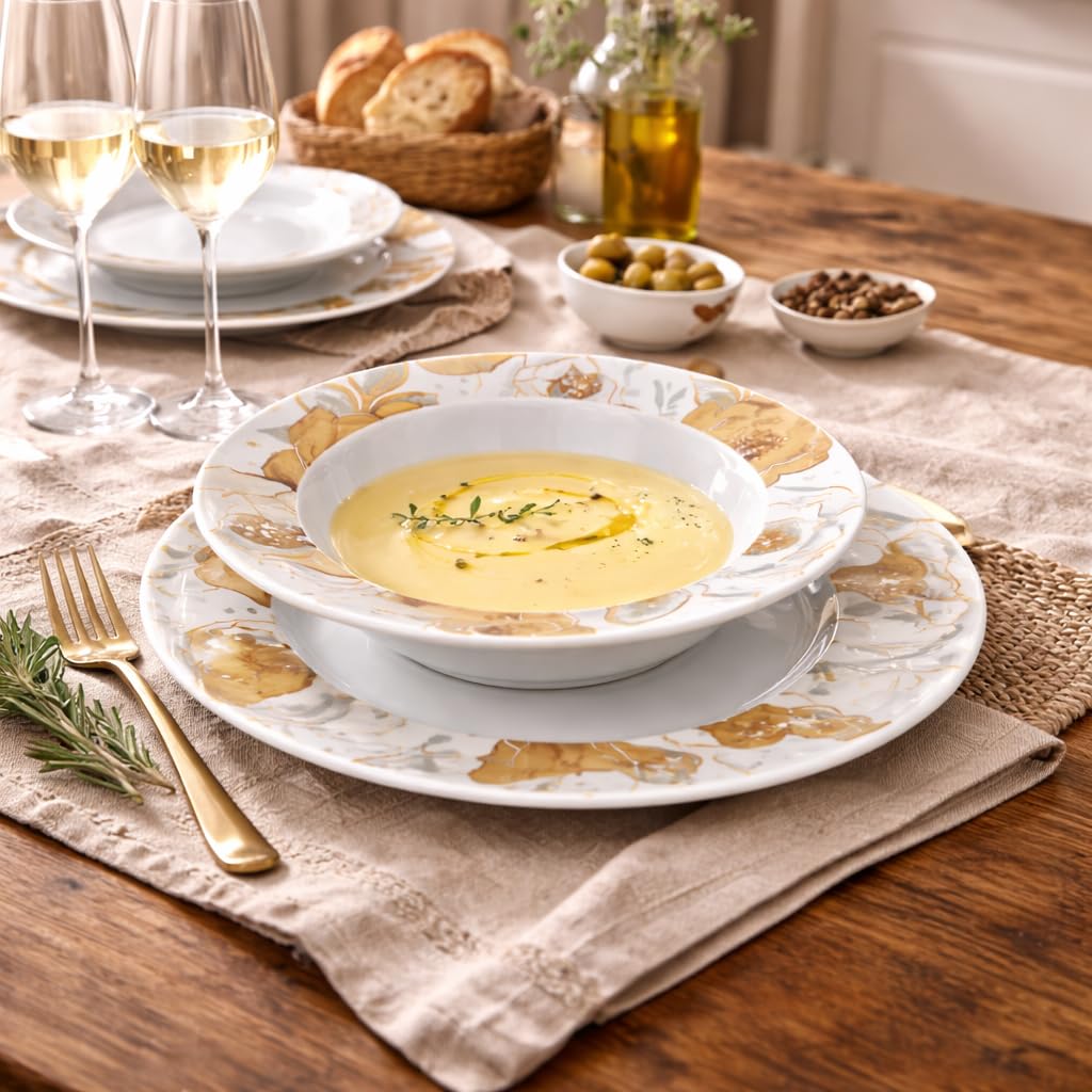 Servizio Piatti 18 Pezzi in Porcellana Lux, Set Tavola 6 Coperti 6 Piani 6 Fondi 6 Dessert Con Decorazione - (Fiori Oro)