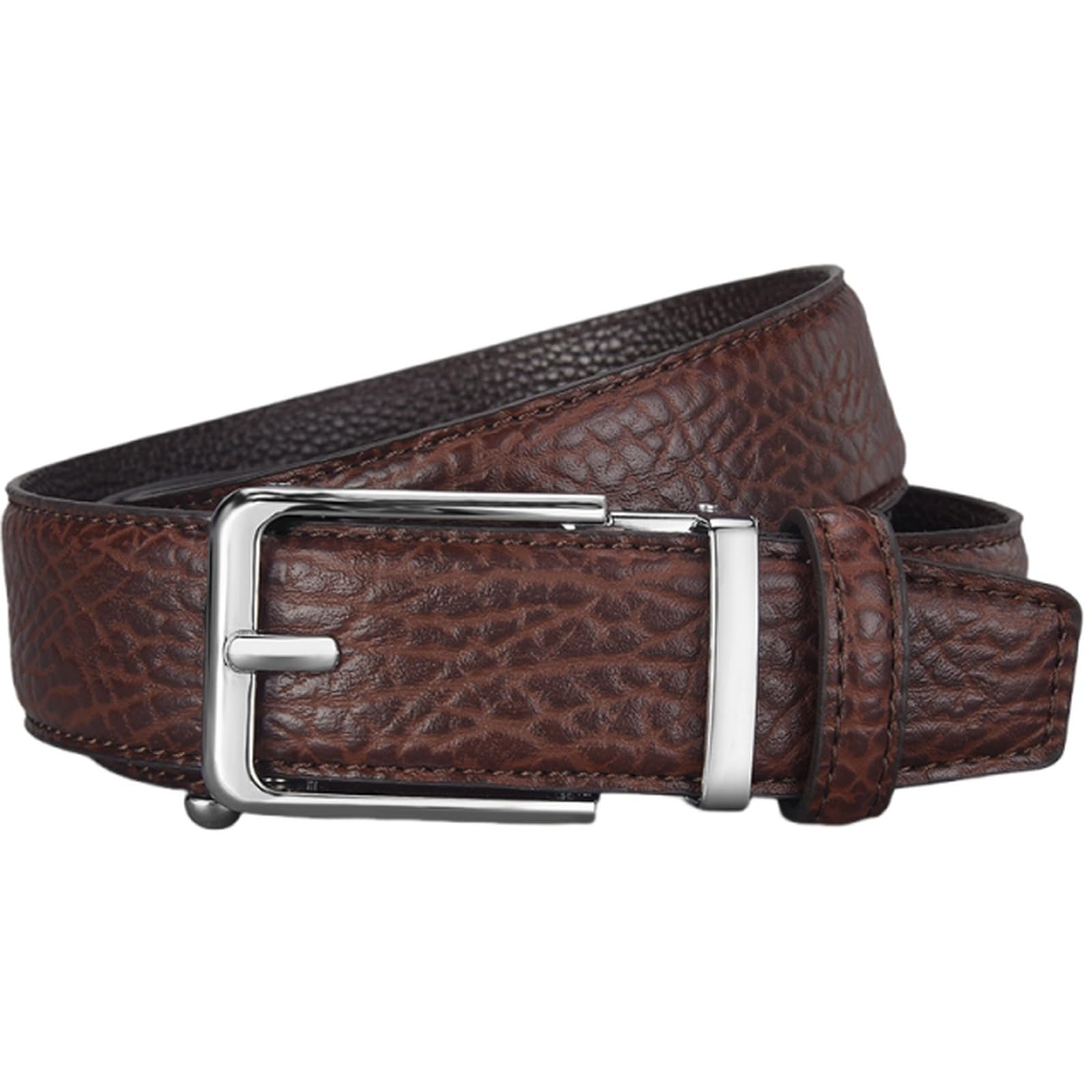 AGUTALITHIC Stitched PU-Leather Ratchet Belt with Hollow Adjustable Automatic Buckle, Carved Crocodile Pattern Embossed Strap(130cm/51, Coffee-Silver)