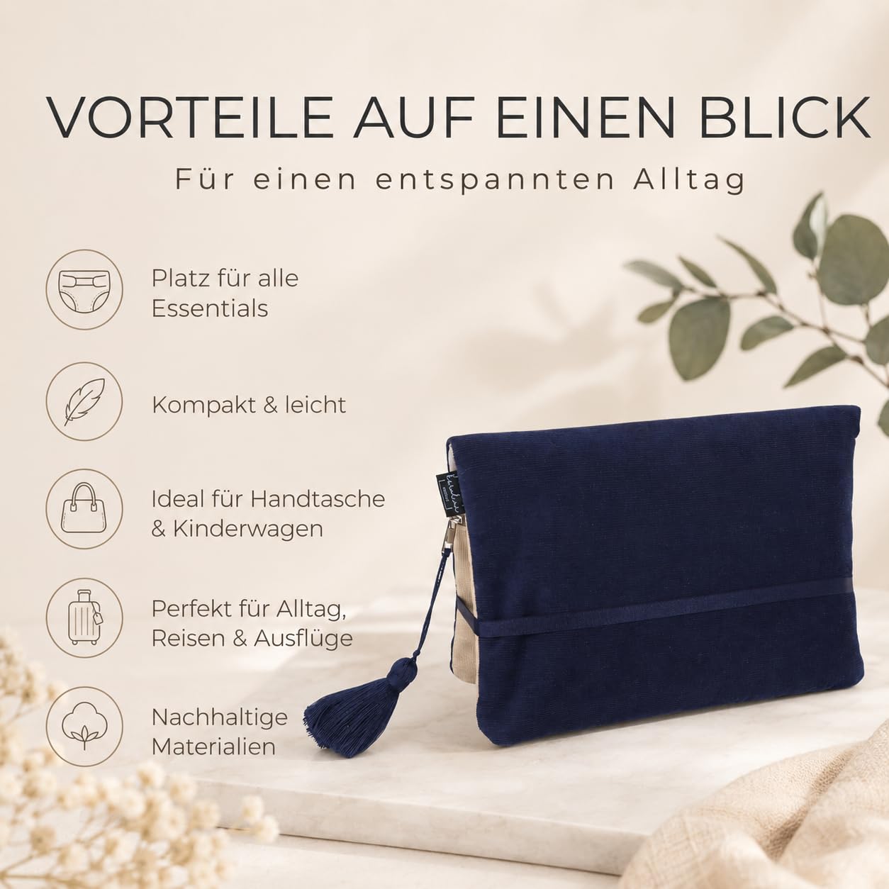 Karolini® Windeltasche Organizer Dunkelblau für unterwegs – kompakte Wickeltasche aus Cord (Bio Baumwolle GOTS) mit Feuchttuchfach, für Handtasche & Kinderwagen