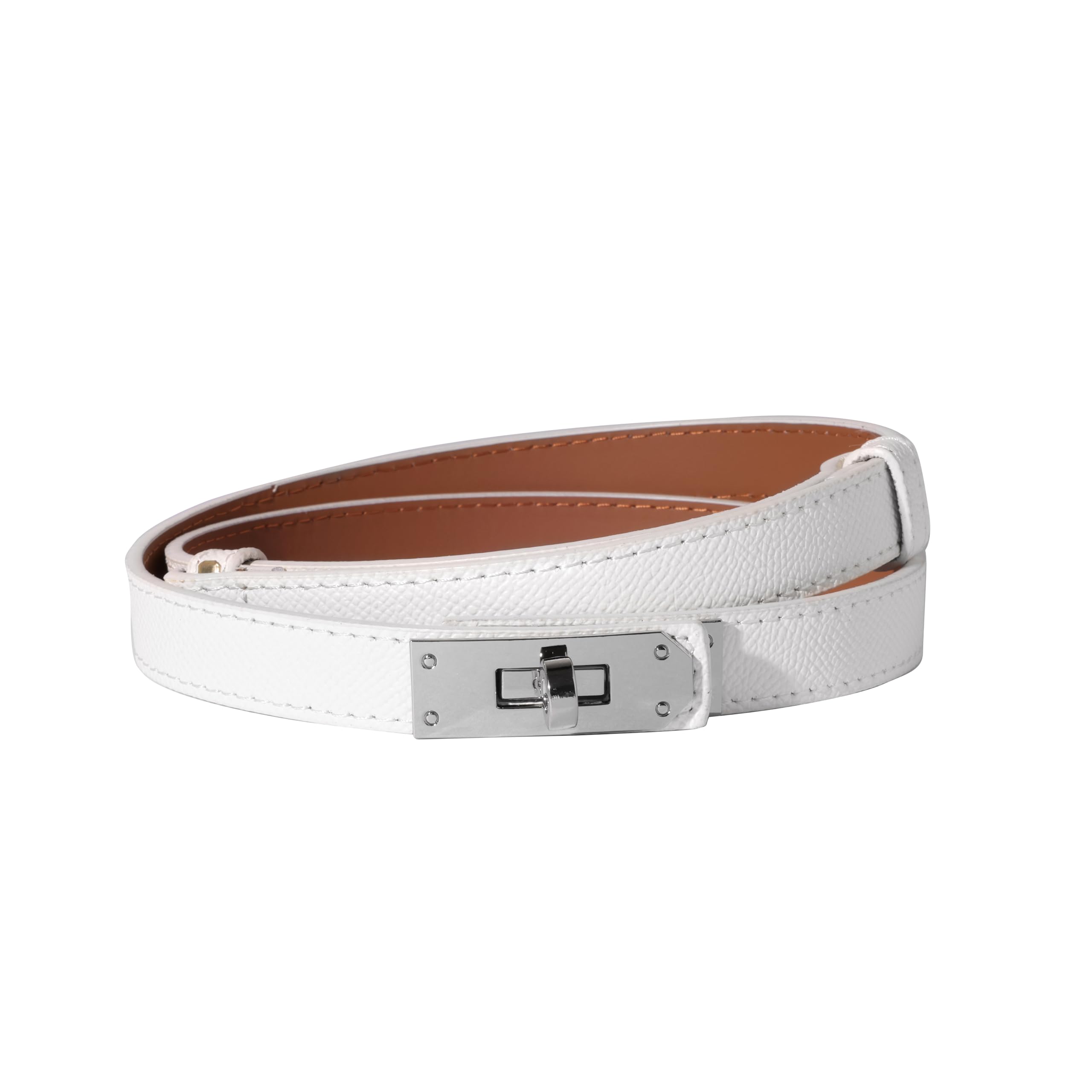 Ovekaut Women Skinny Leather Belt Solid Color Alloy Turn Lock Adjustable Waistband for Dresses Jeans Coats, White / Silver, Adjustable