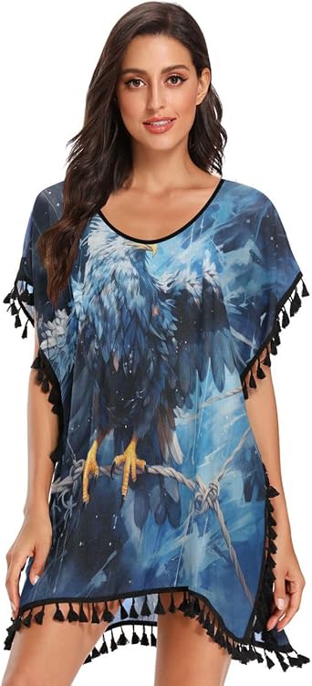 Space Blue Animal Condor Womens Beach Cover Up Chiffon Tassel Swimwear Swimsuit Coverups for Girl