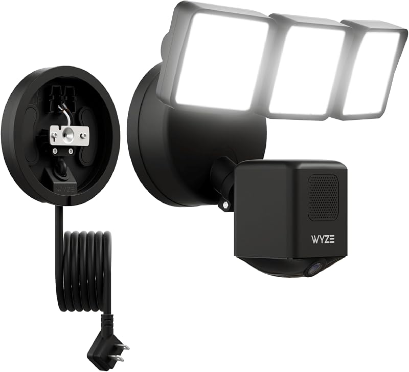 WYZE Floodlight Camera Pro con soporte enchufable, LED de 3000 lúmenes PCMag Editor's Choice, cámara de seguridad para exteriores HD de 2,5 K, visión nocturna en color, soporte de pared con cable de alimentación de 20 pies, fácil instalación (negro)