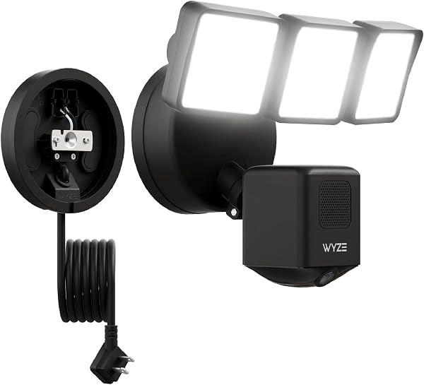 WYZE Floodlight Camera Pro with Plug-in Mount, PCMag Editor's Choice 3000-Lumen LEDs, 2.5K HD Outdoor Security Camera, Color Night Vision, Wall Mount with 20ft Power Cable, Easy Installation (Black), Black, Floodlight Cam Pro+Plug-in Mount