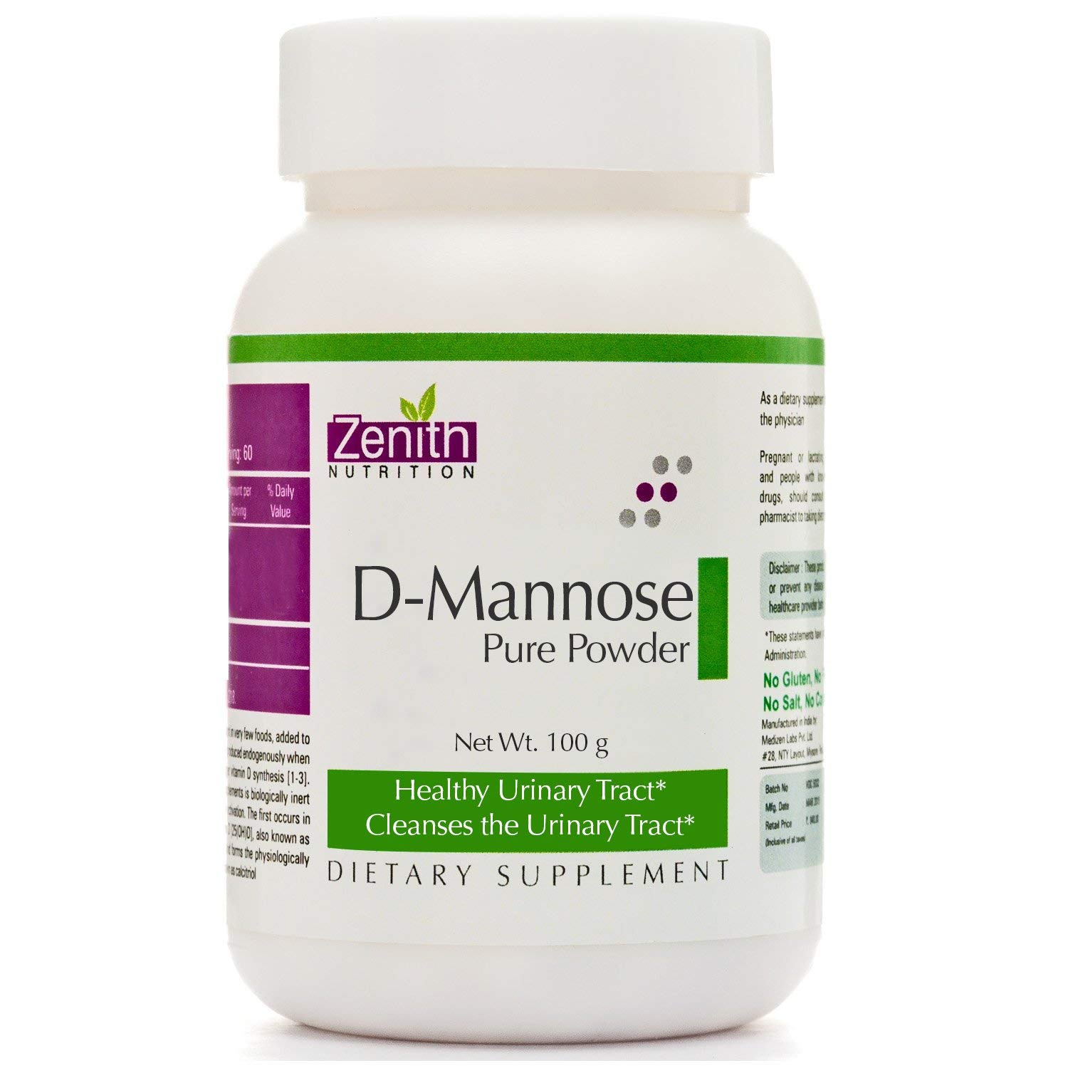 Zenith Nutrition D-Mannose Powder 30 Servings Supports Urinary Tract - 60 Gms