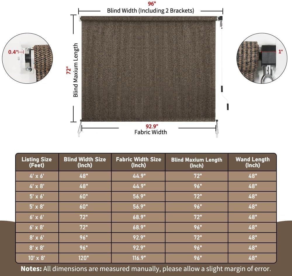 outdoor roller shade 8' w x 6' l cordless patio shades roll up outdoors blinds with uv protection, exterior roller shades cloth for porch pergola, mocha mocha 96"w x 72"h