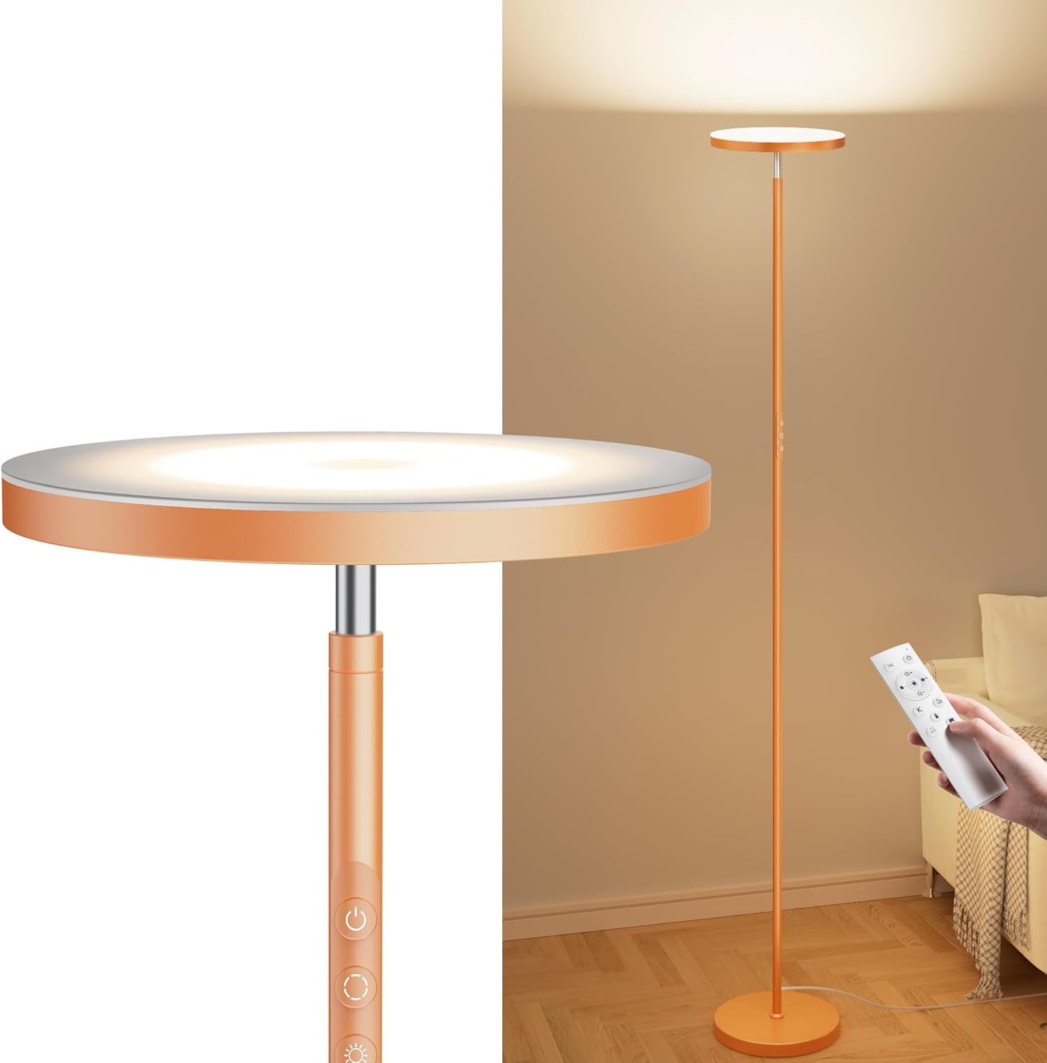 Torchiere Floor Lamps, Super Bright Floor Lamps, Dimmable 2700K-6500K LED Sky Standing Lamp, Tall Lamp with Remote & Touch Control for Living Room Bedroom Office - Orange