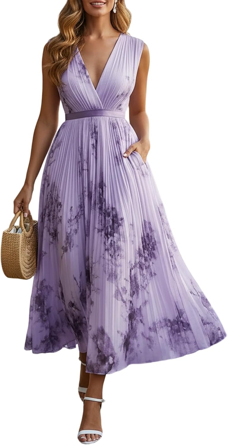 Womens Elegant V Neck Pleated Maxi Dress Sleeveless Floral Print A-Line Summer Flowy Dress with Pockets