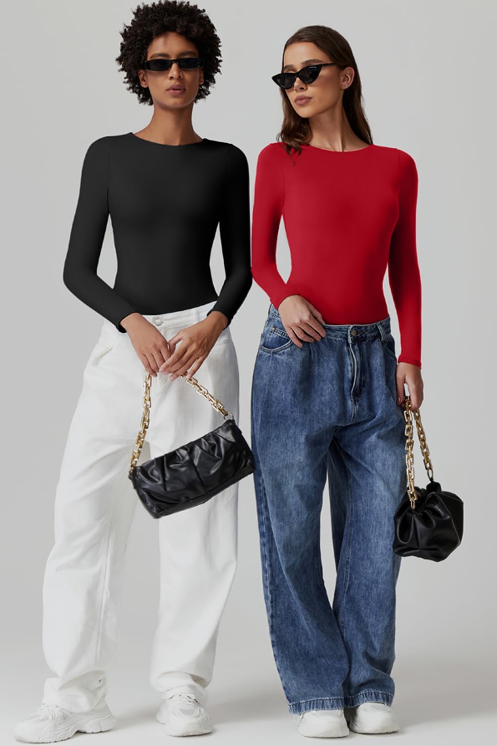 QINSEN Womens Crew Neck Long Sleeve Bodysuit Double Lined Body Suits Basic T-Shirt Tops - Image 4