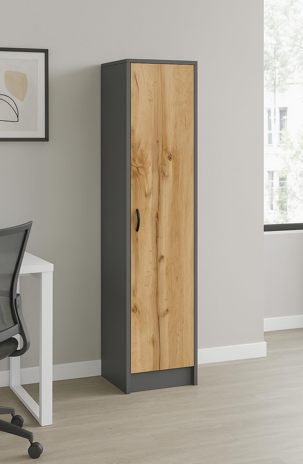 Büroschrank Aktenschrank Kleiderschrank Mehrzweckschrank Büroregal mit 1 Tür und 5 Fächern Universeller Schrank für Büro und Zuhause 180x40x35 cm (Grafit/Eiche Wotan)