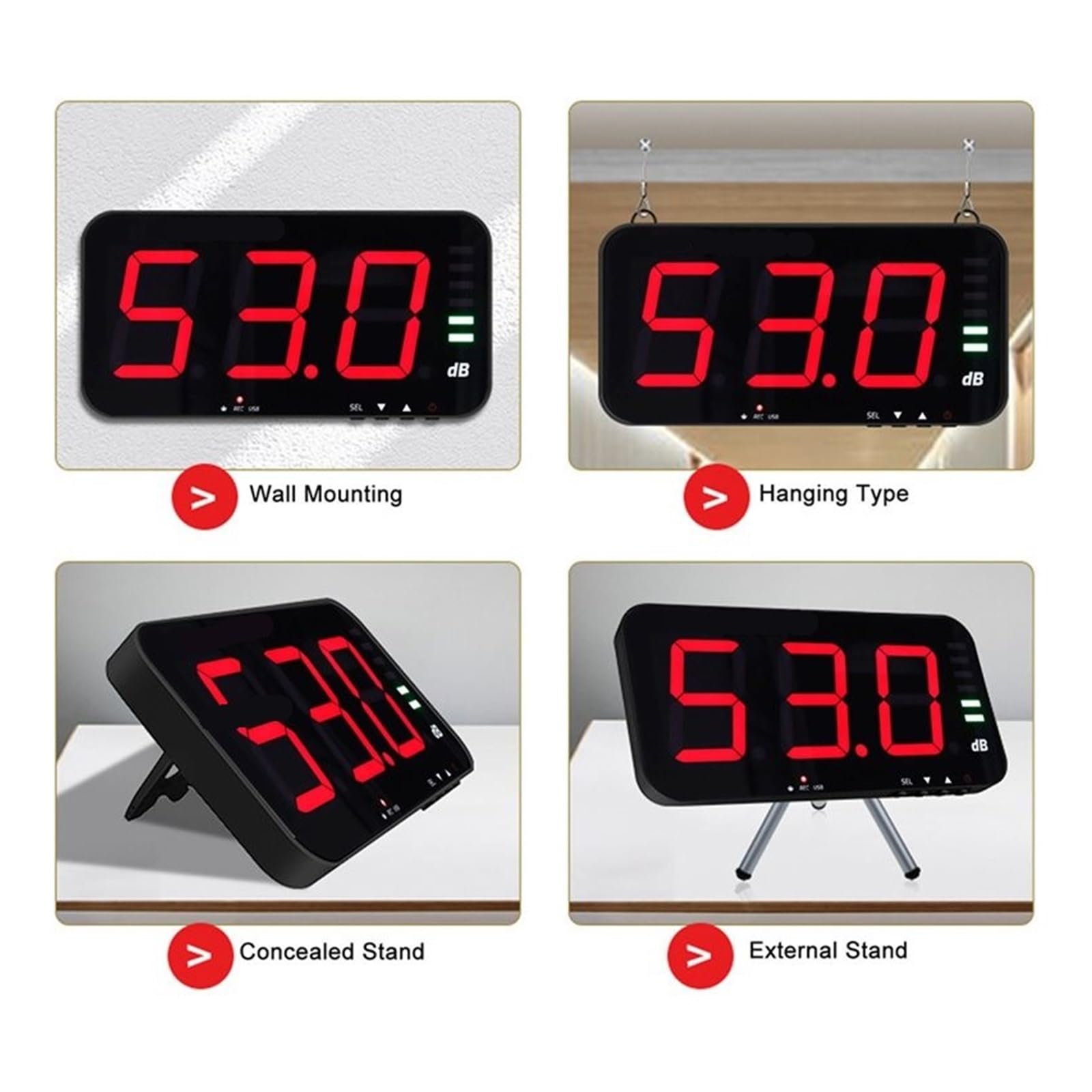 Medidor de Decibeles, Lector de decibelios Digital, medidor nivel sonido con pantalla 13 pulgadas, Detector ruido ambiental for colgar en la pared, 654A