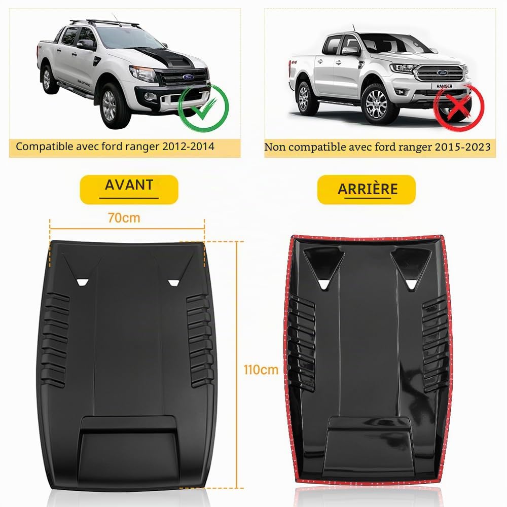 Grande pelle de capot en ABS pour Ford Ranger T6 2012-2014 Wildtrak Raptor Limited XL XLT Tremor Platinum MK1 capot