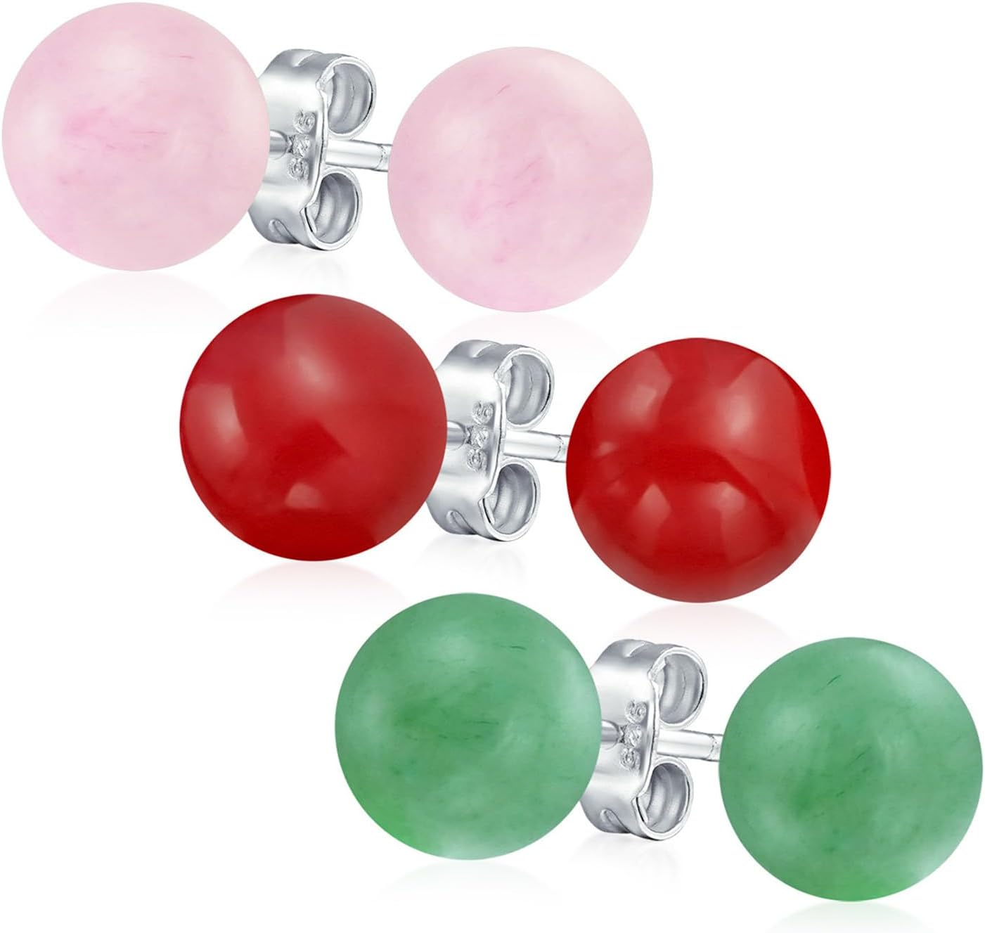8MM Natural Gemstone Round Bead Ball Stud Earrings .925 Sterling Silver for Women Teens -Variety of Birthstones