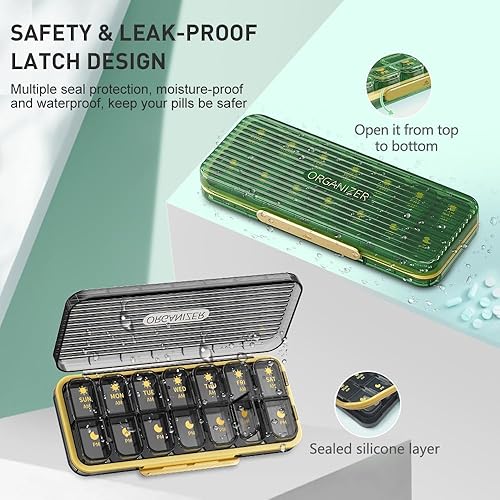 Miniatura 3 de Pastillero semanal 2 veces al día, pastillero de viaje para 7 días con compartimento grande, dispensador diario de píldoras, contenedor de