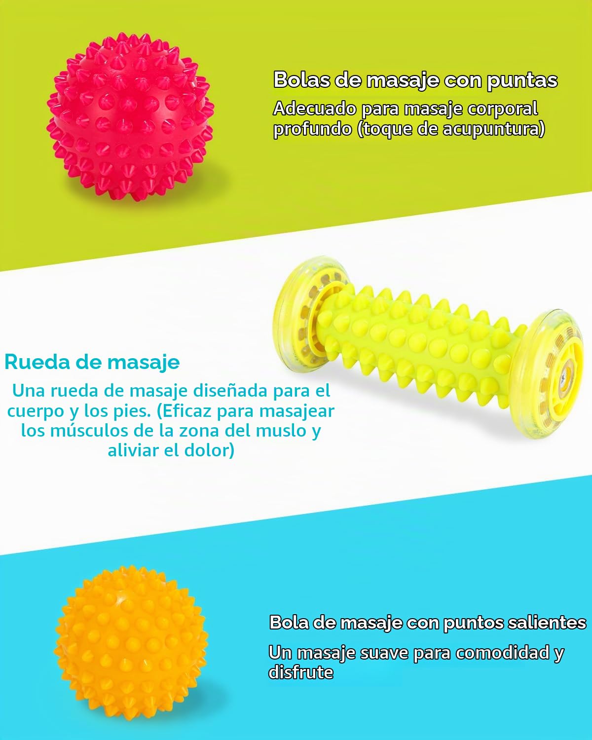 Rodillo de bola de masaje, Juego de 3 bolas de masaje para pies, Masajeadores de Pies para Fascitis Plantar, Músculo, Cervical, Espalda, Nalgas, Hombro, Brazos