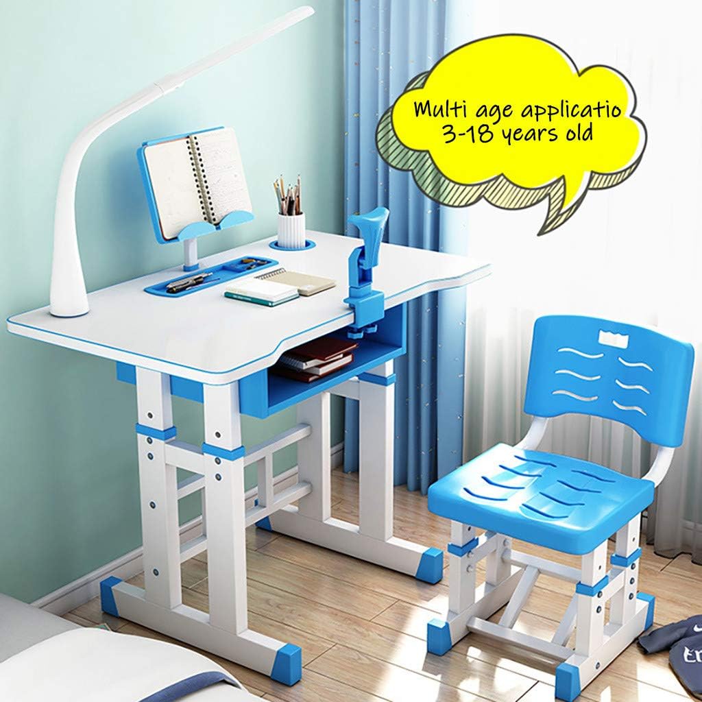 amousa Children Desk, Children Study Table, Height Adjustable Kids Desk and Chair Set, Childs Desk W/Lamp, with Students Writing Desk Storage Drawer Bookstand for Boys & Girls
