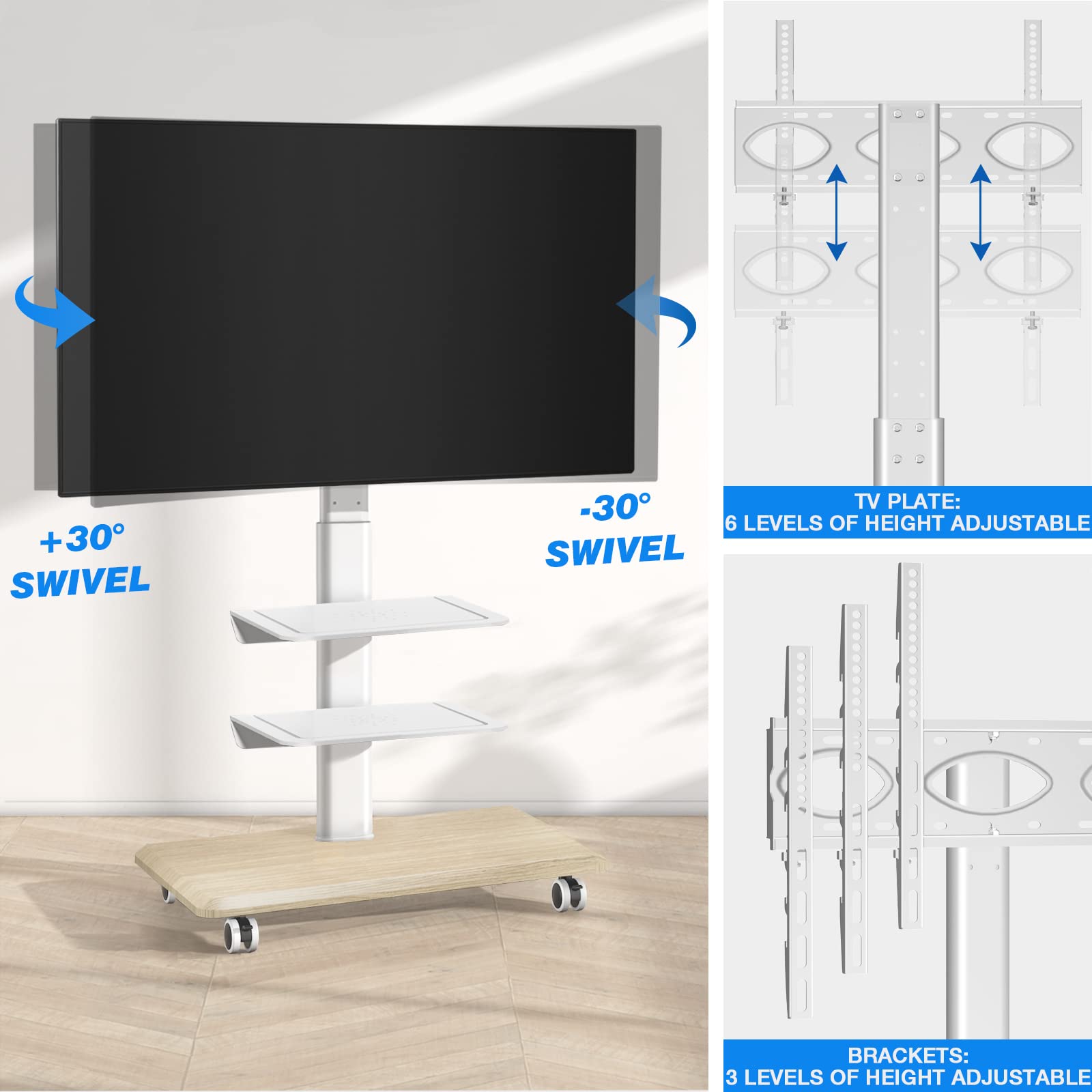 RFIVER Blanc Support TV roulettes Support TV sur Pied avec Socle en Bois pour Télé de 26 à 65 Pouces, Réglable en Hauteur Pied TV avec 3 Étagères Jusqu 'à 35 kg, Max. VESA 400x400mm