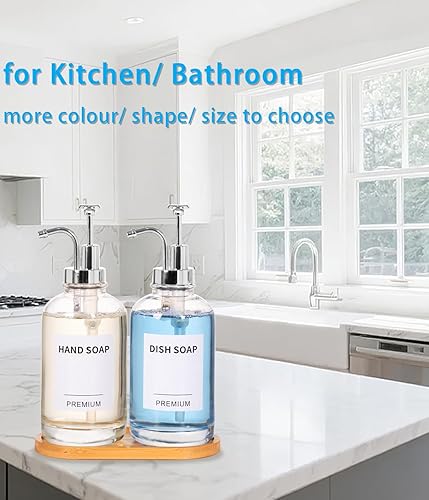 Miniatura 2 de Dish Soap Dispenser for Kitchen, Hand Glass Soap Dispenser Set with Pump, Tray, Funnel for Bathroom, Shower, Laundry, Liquid, Lotion (Silver 2 Pack